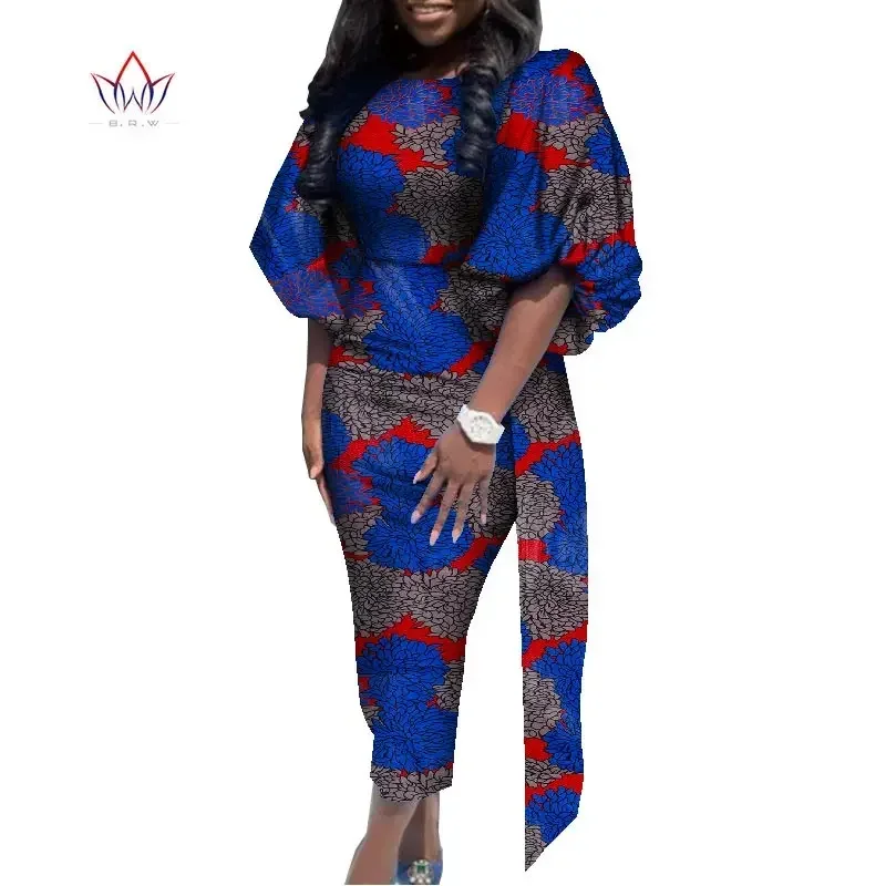 

Bintarealwax African Dresses for Women Bazin Riche Puff Sleeve Party Dress Dashiki Sexy Plus Size African Clothing WY111