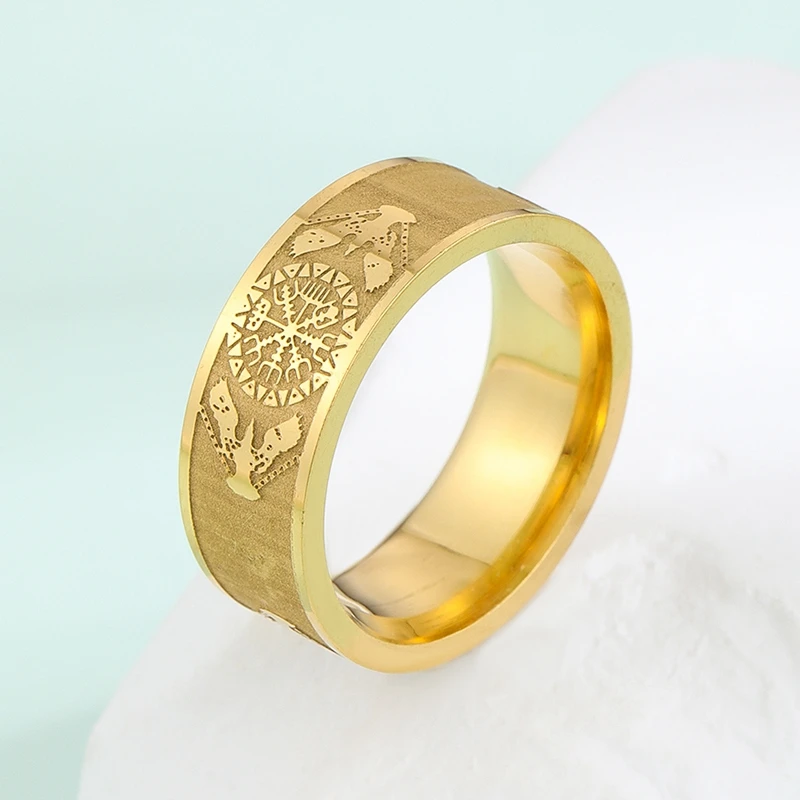 Vegvisir Runic Compass Symbol Ring Con Ravens Anello In Acciaio Inossidabile Per Uomo Punk Viking Ring Huginn Totem Amuleto Finger Jewelry