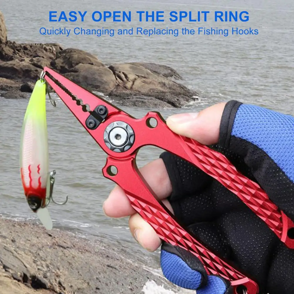 

Lure Pliers Anti-slip Aluminum Fishing Pliers with Coil Lanyard and Nylon Sheath Fish Line Cutter Hook Remover Split Ring Tools