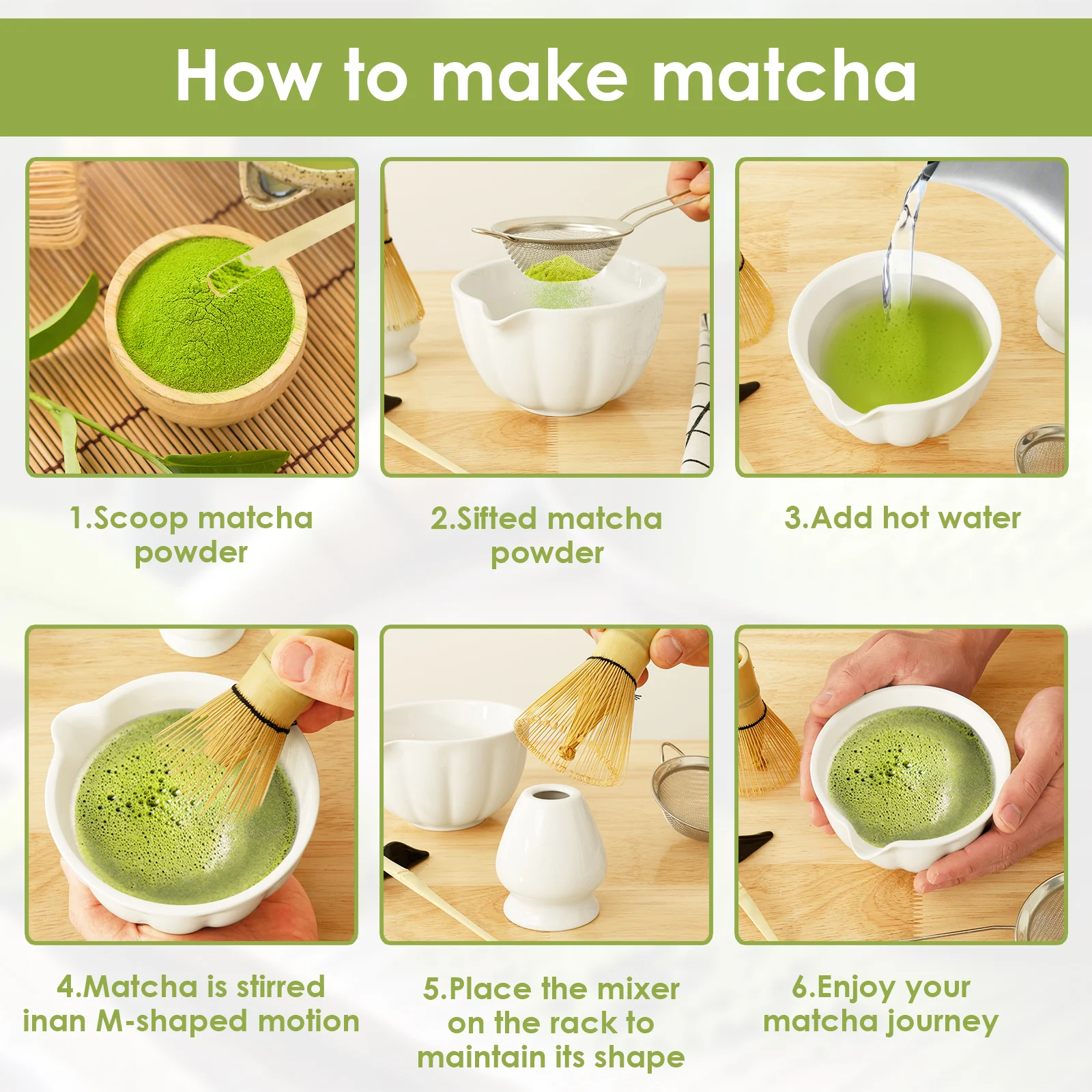 6 Pcs Matcha Set Exquisite Matcha Tea Kit Includes Ceramic Whisk Holder Bowl Bamboo Whisk Scoop Sifter Versatile Tea