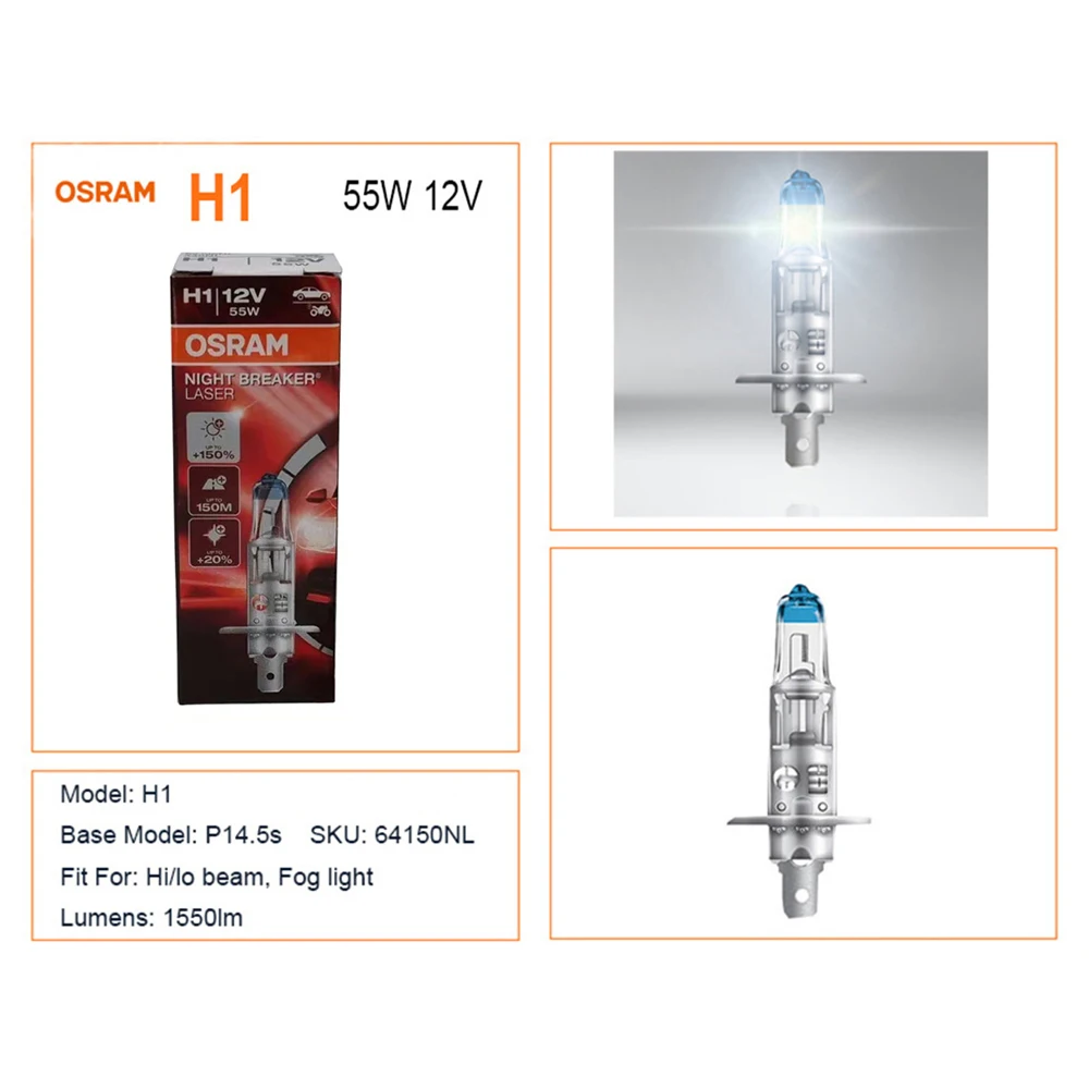 OSRAM 야간 차단기 레이저, 차세대 할로겐 안개등, Hi/lo 빔 자동 전구, H1 64150NL H3 64151NL, 12V, 55W, 3700K, 2 개