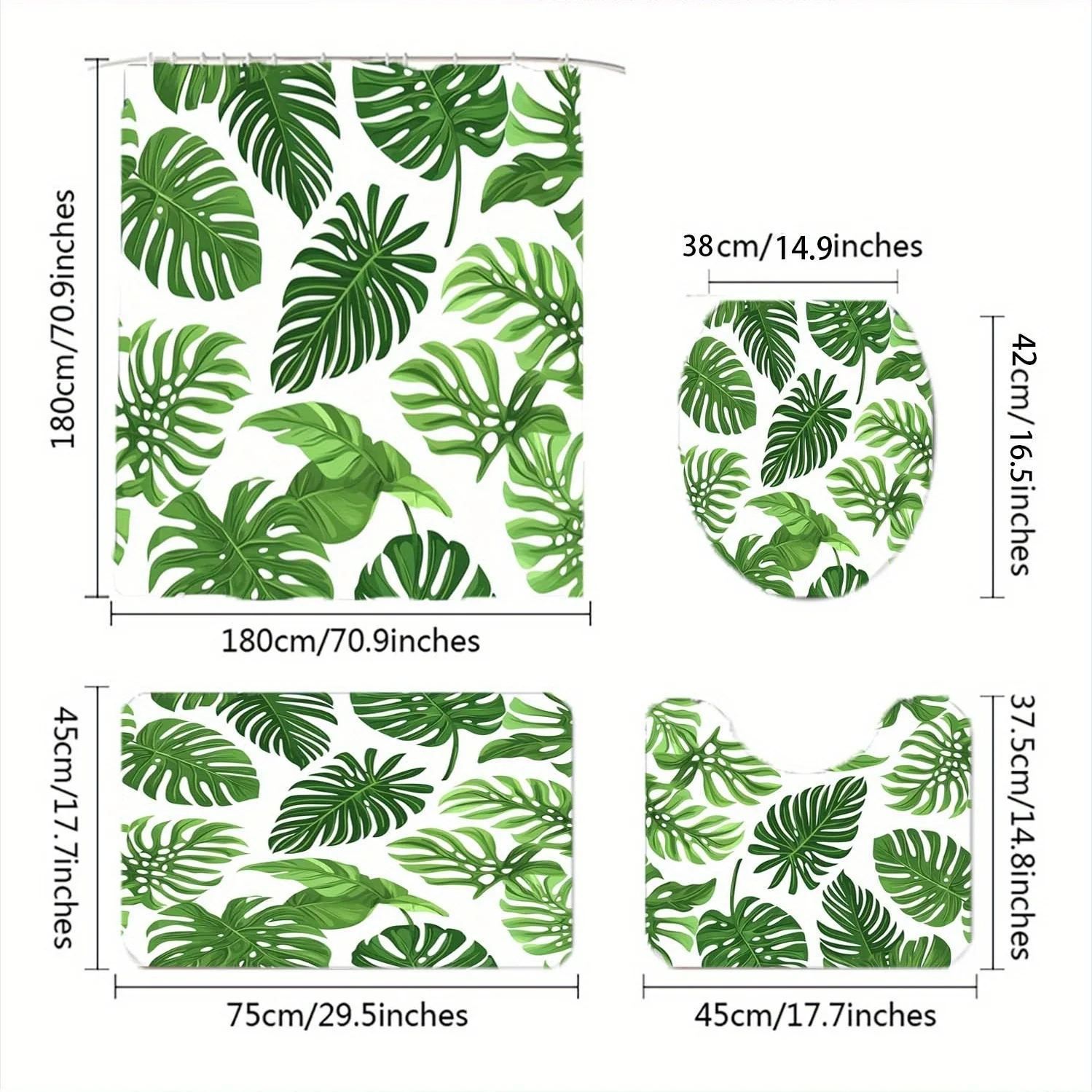 4pcs 녹색 식물, 잎, 후크가있는 열대 패턴 샤워 커튼, 욕실 분배기 커튼, 욕실 액세서리