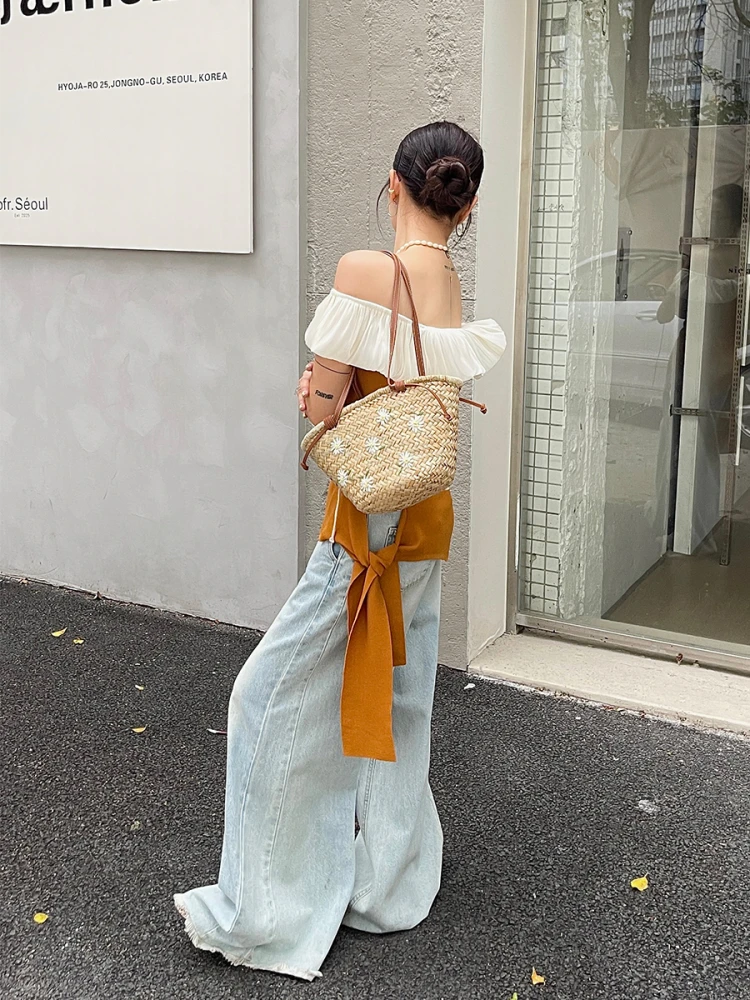 Casual Wicker Woven Basket Bags Rattan Women Handbags Handmade Summer Beach Straw Tote Bag Designer Shoulder Crossbody Bag 2024