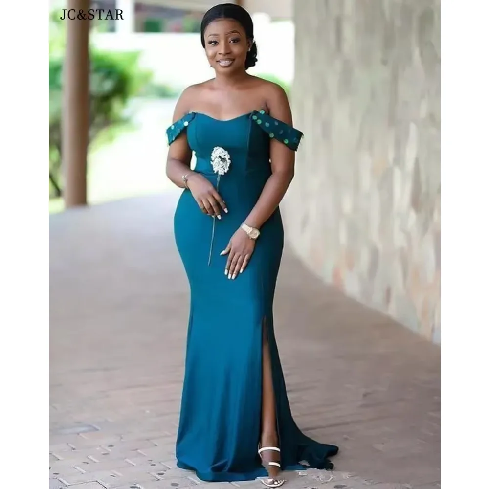 Charming African Teal Green Mermaid Bridesmaid Dresses Off Shoulder Side Split Sequined Beads Country Wedding Guest Gowns