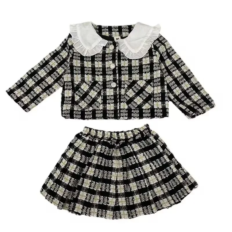 

Cute Princess Outfits Big Lapel Collar Girls Outwear+ Pleated Tutu Skirts 2 Pcs Kids Clothing Set Autumn Winter Children Dresses