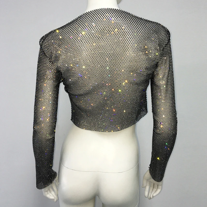 Frauen Langarm Fishnet Mesh T-Shirt Glänzenden Strass Sternenlicht Aushöhlen Durchsichtig Sexy T Top Party Clubwear Zubehör – Detail 8