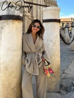 كارديجان كيمونو نسائي أحادي اللون وبناطيل ، برباط ، بلوزة برقبة على شكل حرف V ، بنطلون مستقيم ، موضة الربيع ، أزياء الصيف ، سيدتى ، بانتين ، 1