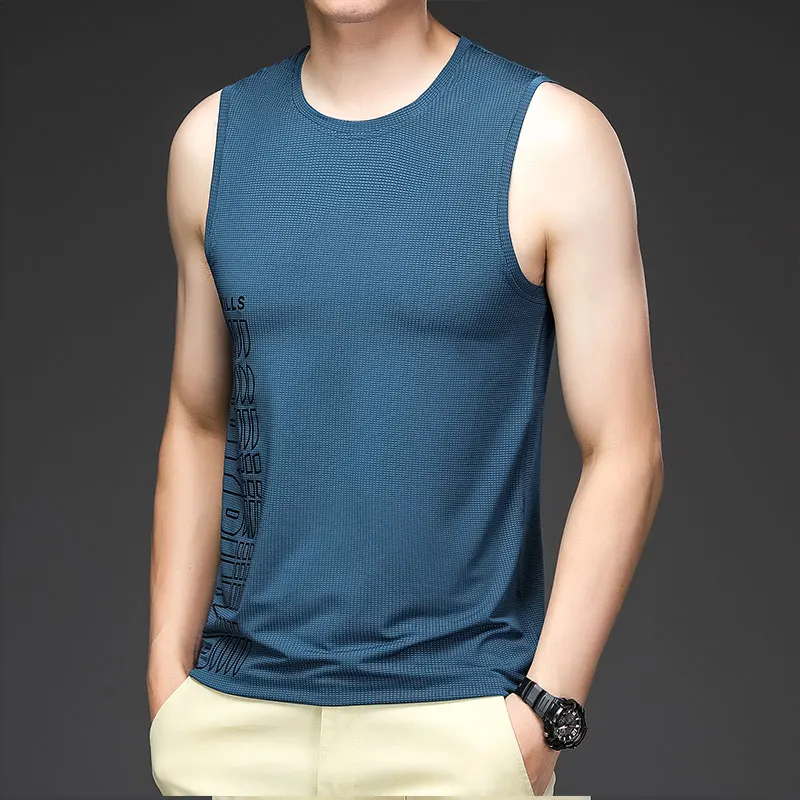 Sleeveless Vest Men Summer Tide Ice Silk Thin Round Neck Trend Fashion Outer Breathable Cool Men's Vest T-shirt