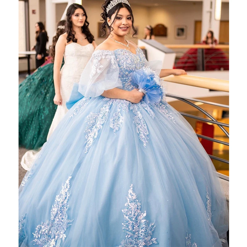 

Sky Blue Princess Quinceanera Dresses Off Shoulder Lace Appliques Crystal Ball Gown Sweet 16 Dresses Vestidos De 15 Años
