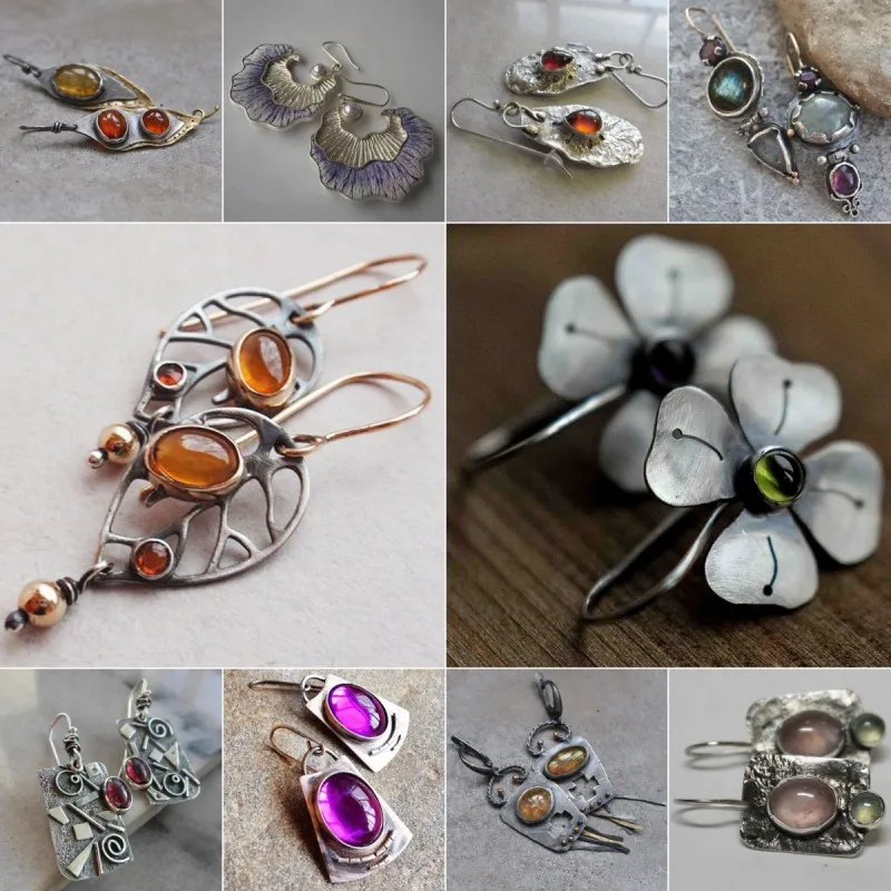Boucles D'oreilles Vintage Faites Main – Métal Et Pierre Naturelle – Occasion