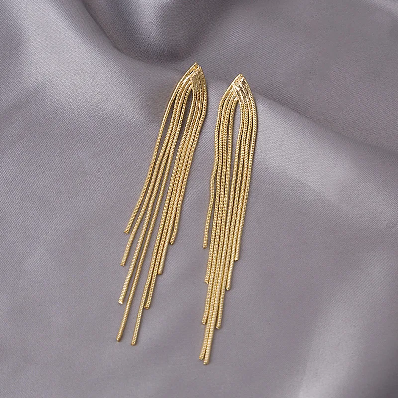 Se5971377373641d4b576b712e4266d12Z Vintage Long Gold Color Earrings Shiny Thread Tassel Drop Earrings For Women Luxury Hanging Korean Elegant Wedding Party Jewelry Mallzona