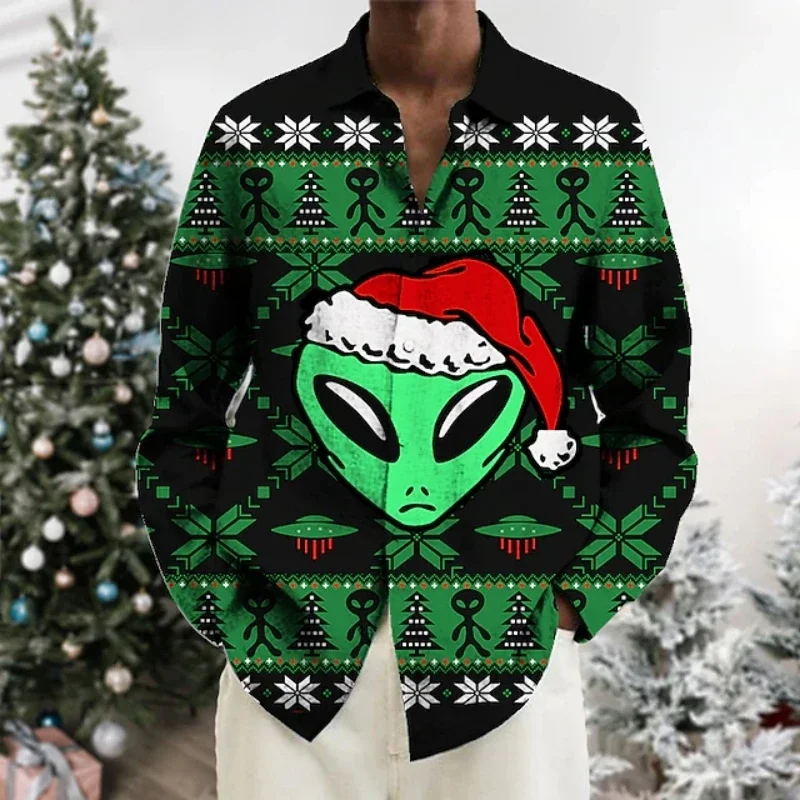 Christmas Shirts For Men Fashion Loose Lapel Button-Down Shirt 3d Santa Claus Graphic Long Sleeve Print T-Shirts Oversized Tops 2