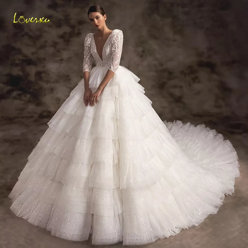 

Loverxu Ball Gown Princess Wedding Dresses 2023 V-Neck Three Quarter Tiered Vestido De Novia Lace Charming Shiny Robe De Mariee