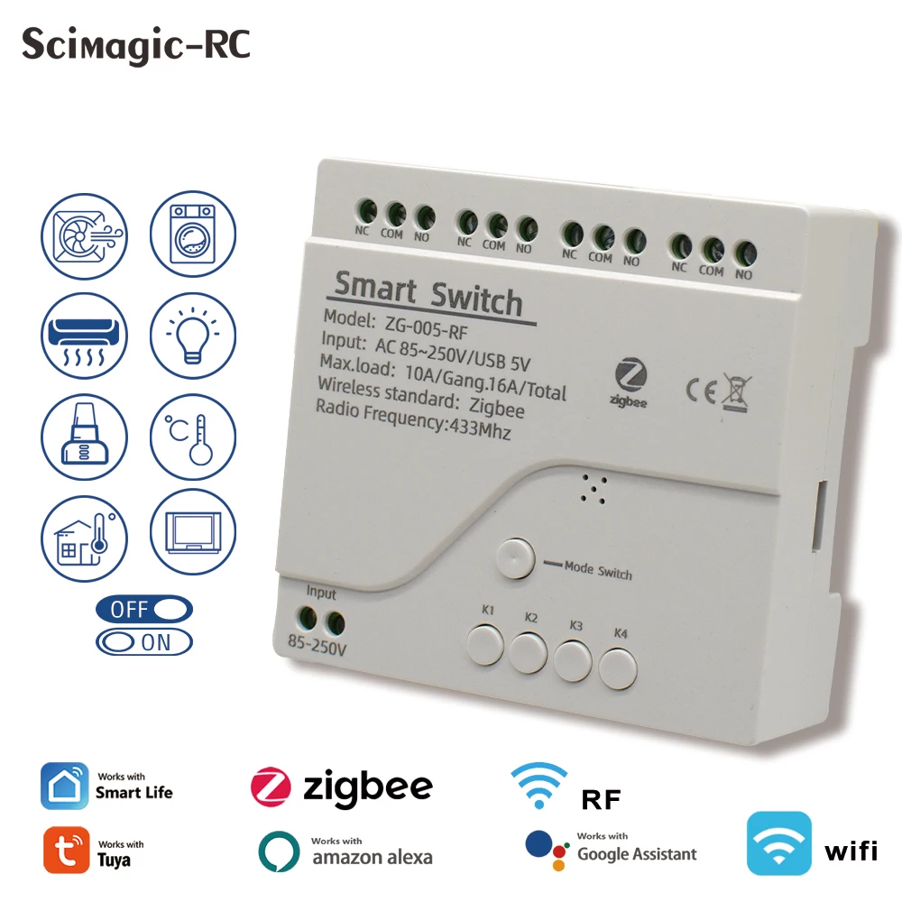 Zigbee 3.0 Módulo Inteligente sem Fio Interruptor Wifi Tuya Vida Inteligente 7250v Receptor Rf433.92 Mhz Relé 16a Alexa Casa do Google Tuya Vida Inteligente 4ch