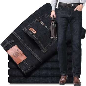 2023 New Men's Stretch Fit Jeans Busine Business Fashion Soft Denim Trousers Male Brand Pants Black Blue 1