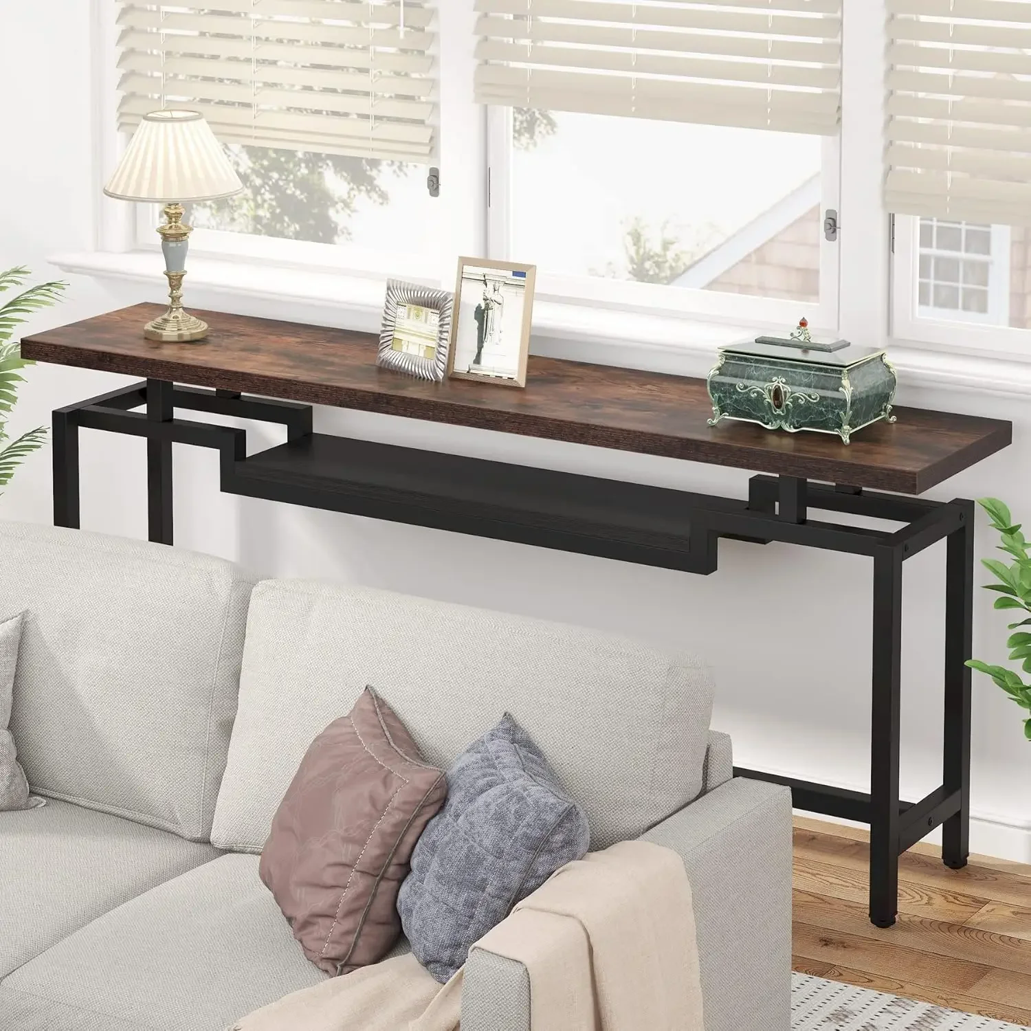 70 inch Sofa Table, Narrow Long Console Table with 2 Tiers, Industiral TV Console Behind Couch Table with Storage for Entryway, 2