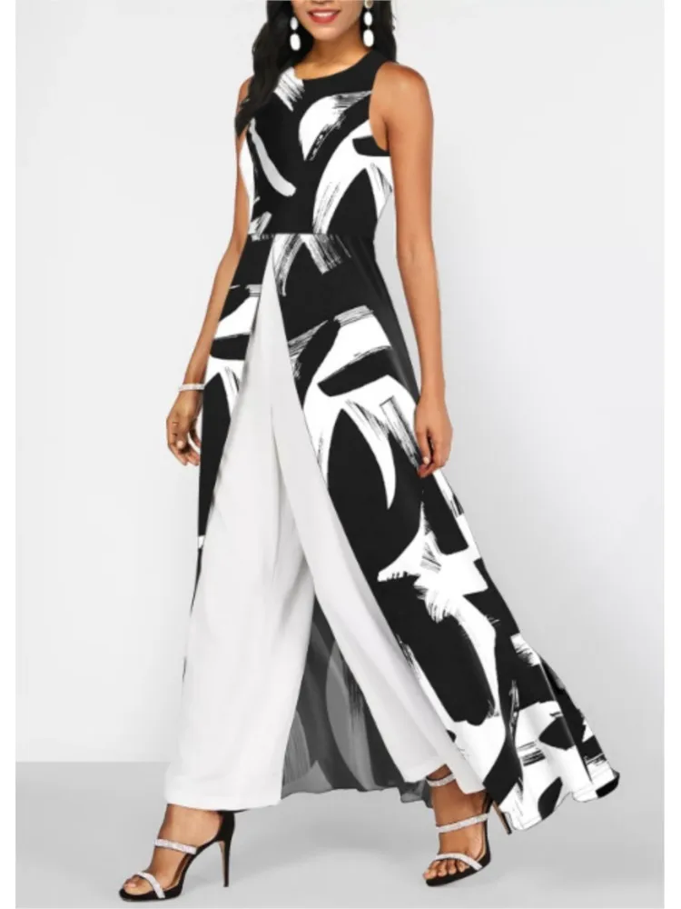 

Summer New Women's Color Matching Sleeveless O Neck Jumpsuit Retro Simple Slim Elegant Female Casual Fashion Slit Pantsuit Skirt