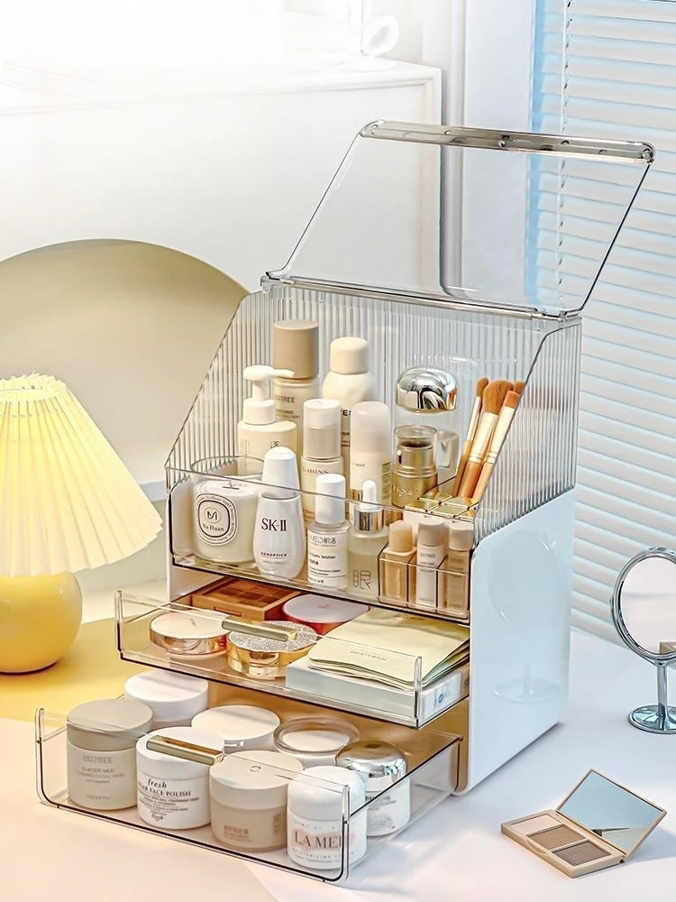 Organizador de almacenamiento de maquillaje, organizadores de cuidado de la  piel, vitrina de cosméticos con cubierta libre de polvo, mango portátil