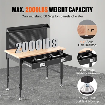 VEVOR 2000lbs Hardwood Workbench Heavy Duty Oak Plank Work Table Carbon Steel with 3m Cable 30 Hooks for Garage Office Workshop 3