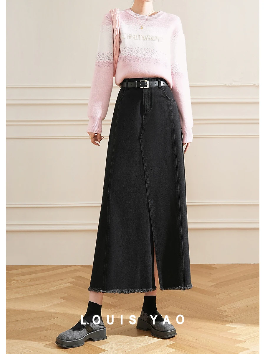 LOUIS YAO Women Skirt 2024 Spring and Summer New Irregular Vent Denim Skirt High Waist Retro A-LINE Long Women's Skirt