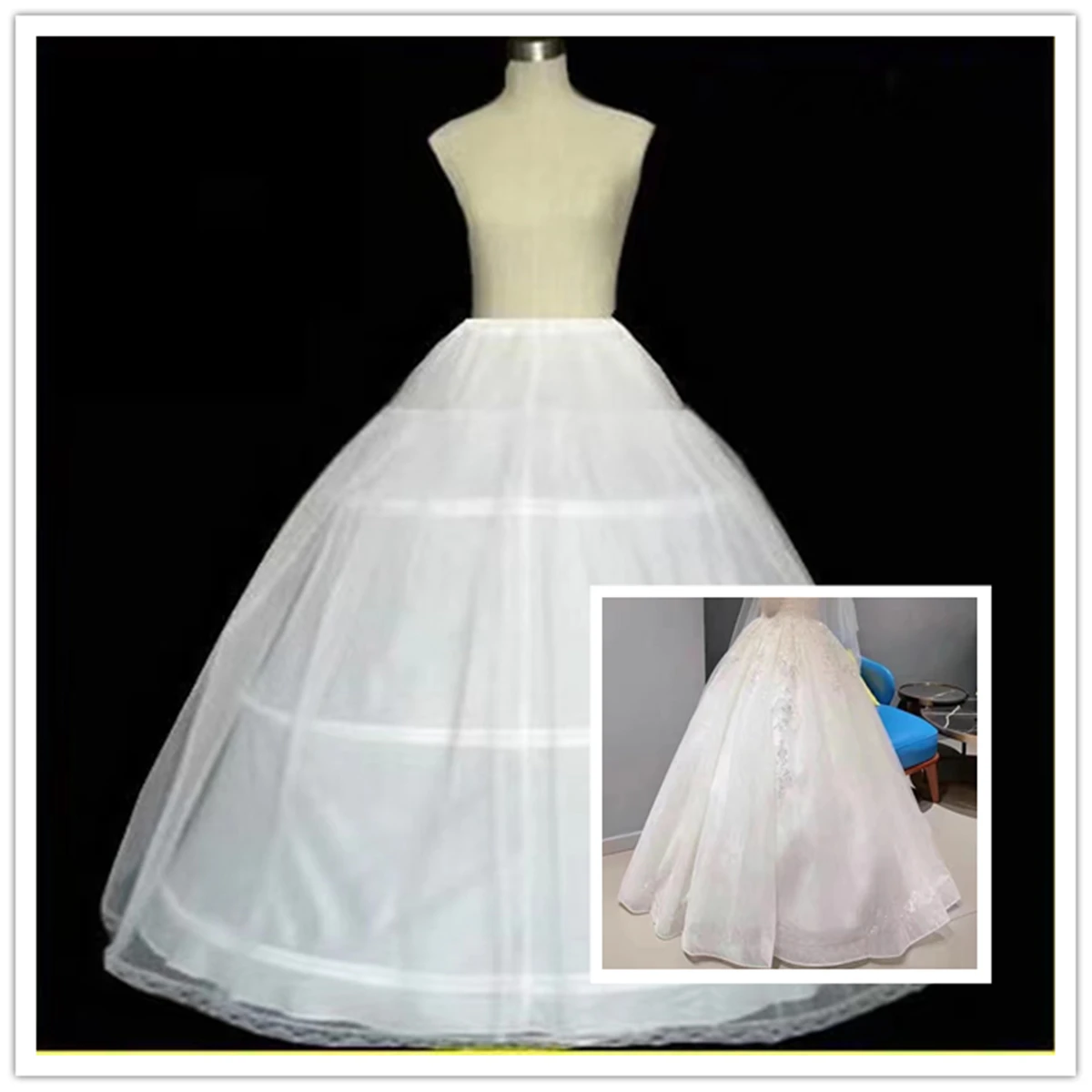 

New Arrival Free Shipping White And Black 3 Hoops and 1 Organza A Line Petticoat For Wedding or Party Ball Gown Crinoline