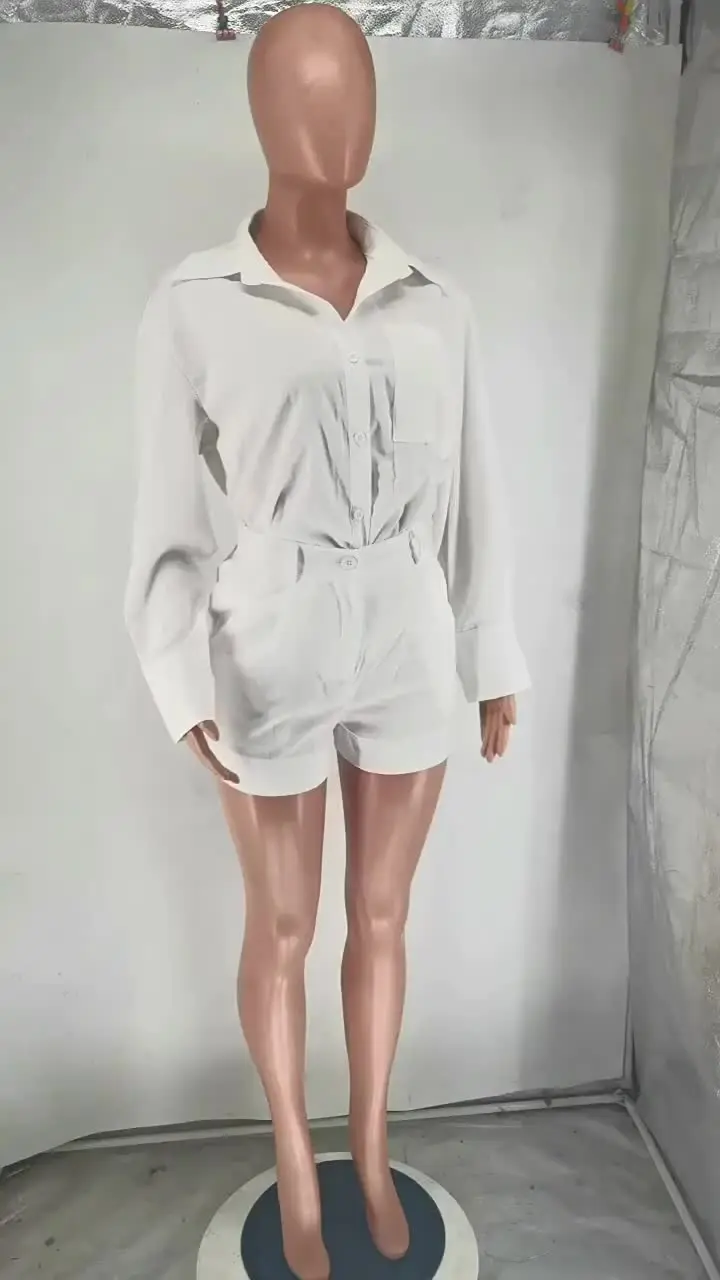 Women Long Sleeve 2 Pieces Sets Casual Simple Button Pockets Short Pant with Shirts Tops 2024 Summer Fashion Suit Female Outfits Image 2