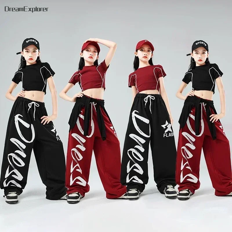 Hip Hop Girls Crop Top T-shirt Street Dance Letter Joggers Pants