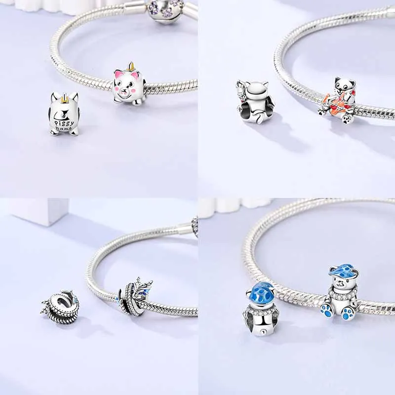 부적 Plata De Ley 925 동물 개 고양이 올빼미 토끼 사자 코끼리 공룡 매력 Origina 팔찌 팔찌 쥬얼리 비즈 만들기