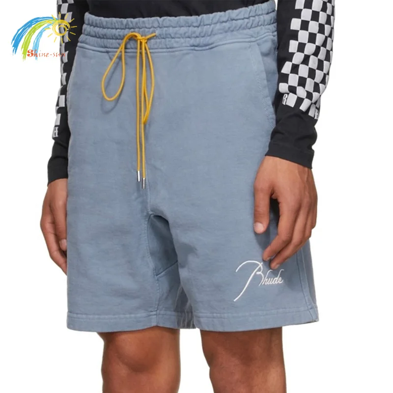 

Hip Hop Casual Oversize Rhude Drawstring Breeches Men Women 1:1 Best Quality Cursive Logo Embroidery Rhude Shorts Sky Blue