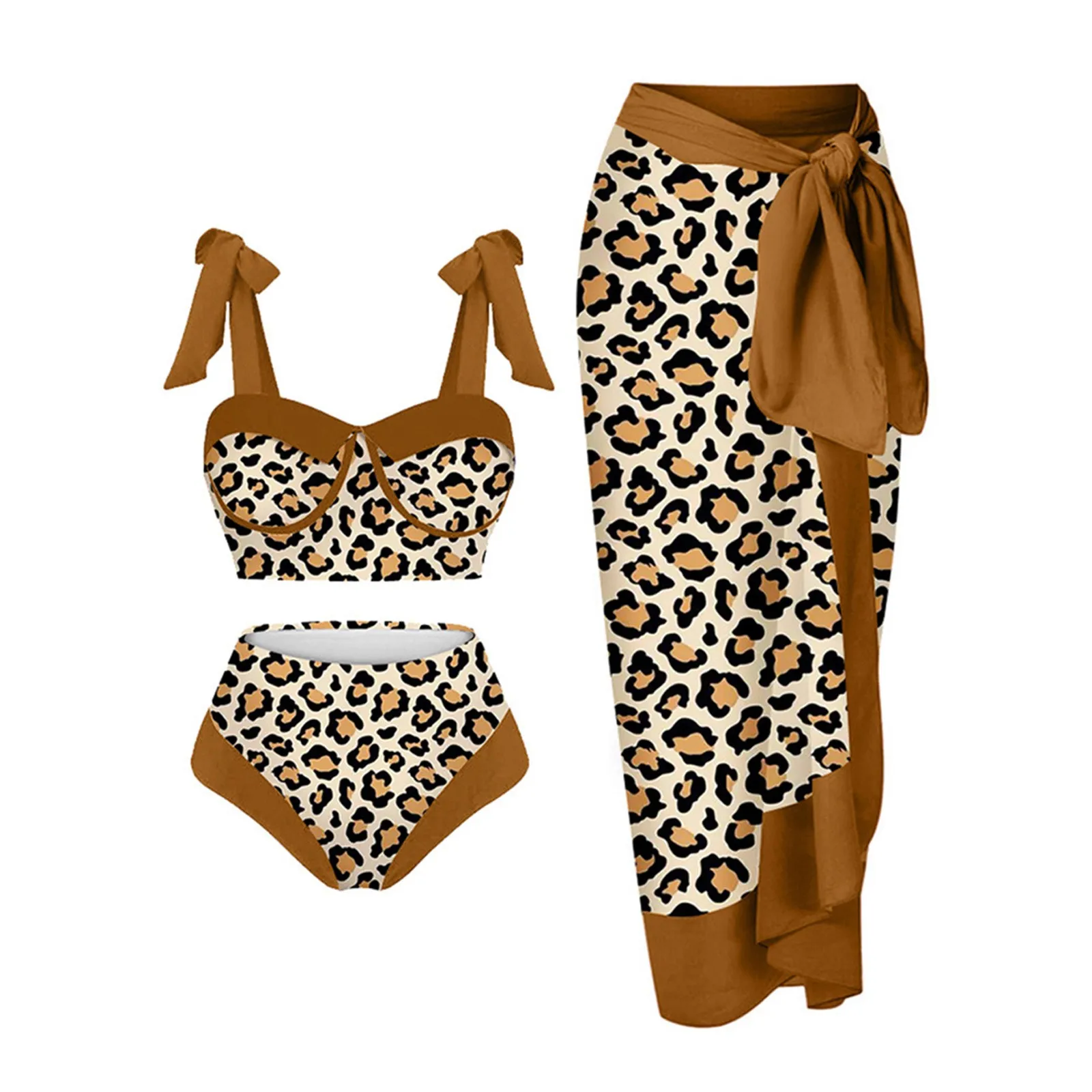 

Leopard Swimsuit For Women Bikini Sarong Three Piece Set Vintage Push Up Beach Party Female Bathing Suit Cheeky Bikini Set New