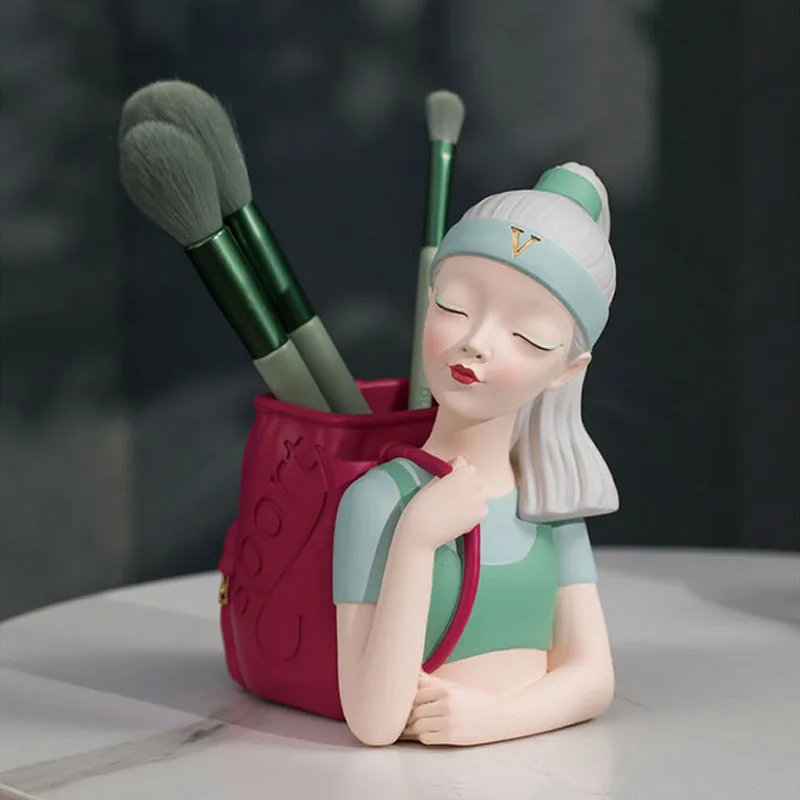 

Creative Beauty Girl Pen Holder Modern Simple Home Decoration Girl Backpack Makeup Brush Storage Box Art Resin Craft Ornament