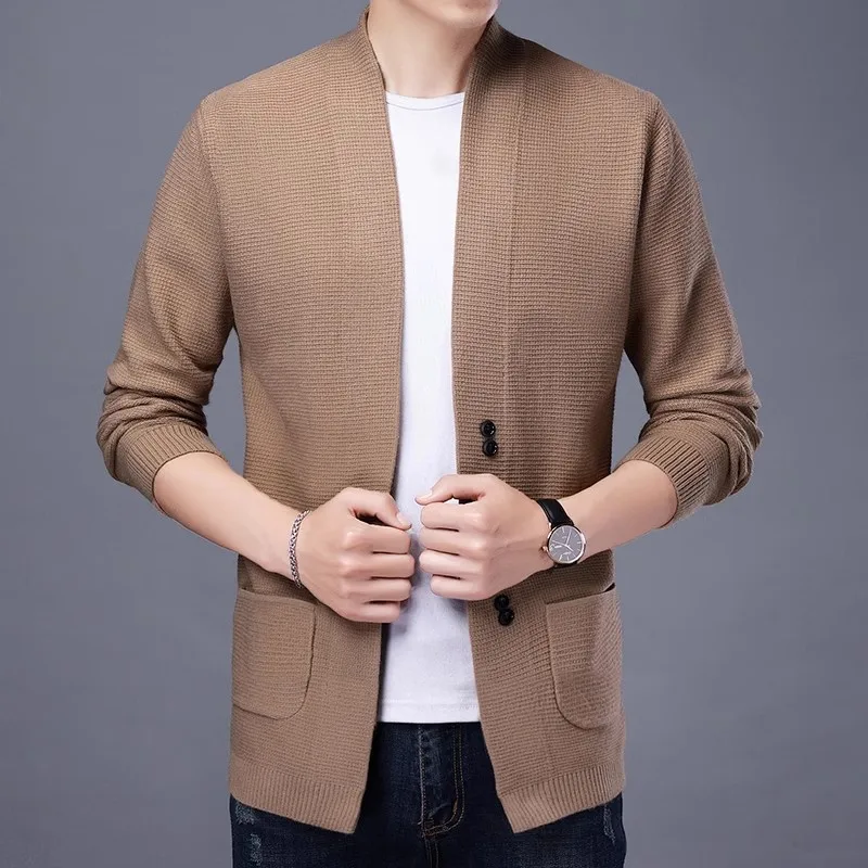 Autumn Winter Knitted Cardigan Men Fashion Slim Fit Sweater outerwear Mens Solid Color V Neck Casual Korean Knit Cardigan Man 2