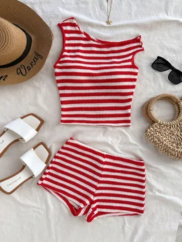 European and American striped vest shorts set, summer knitted hot pants top two-piece set 1