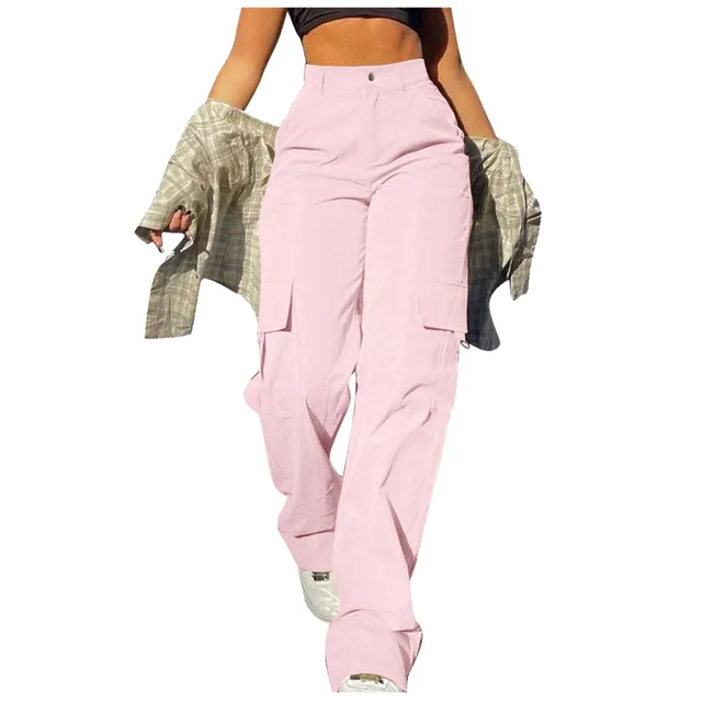 Ladies' Street Fashion Multi Pocket Cargo Pants Summer Solid Color Straight Leg Pants High Waist Slimming Loose Fit Cargo Pants 4