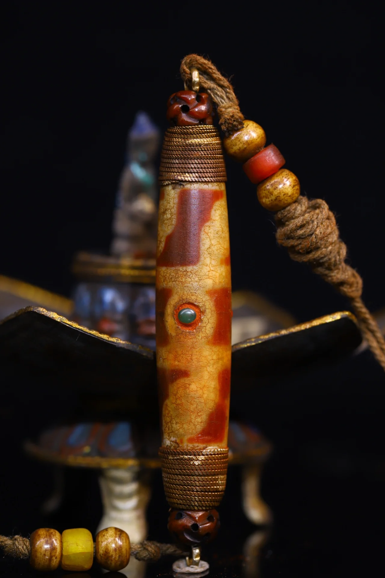 

4"Tibetan Temple Collection Old Natural Agate Mosaic Gem Dzi Beads nine eyeballs Amulet pendant Town house Exorcism