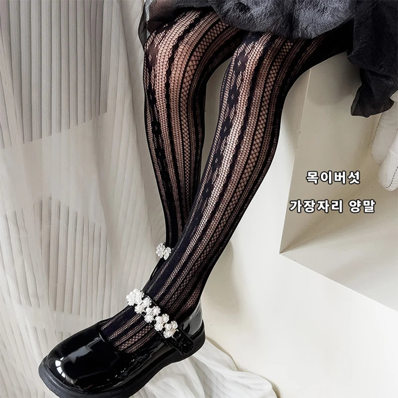 여아용 귀여운 공주 메쉬 할로우 타이트, 미적인 꽃무늬 활, 화이트 블랙 팬시즈, 여름 얇은 탄성 스타킹