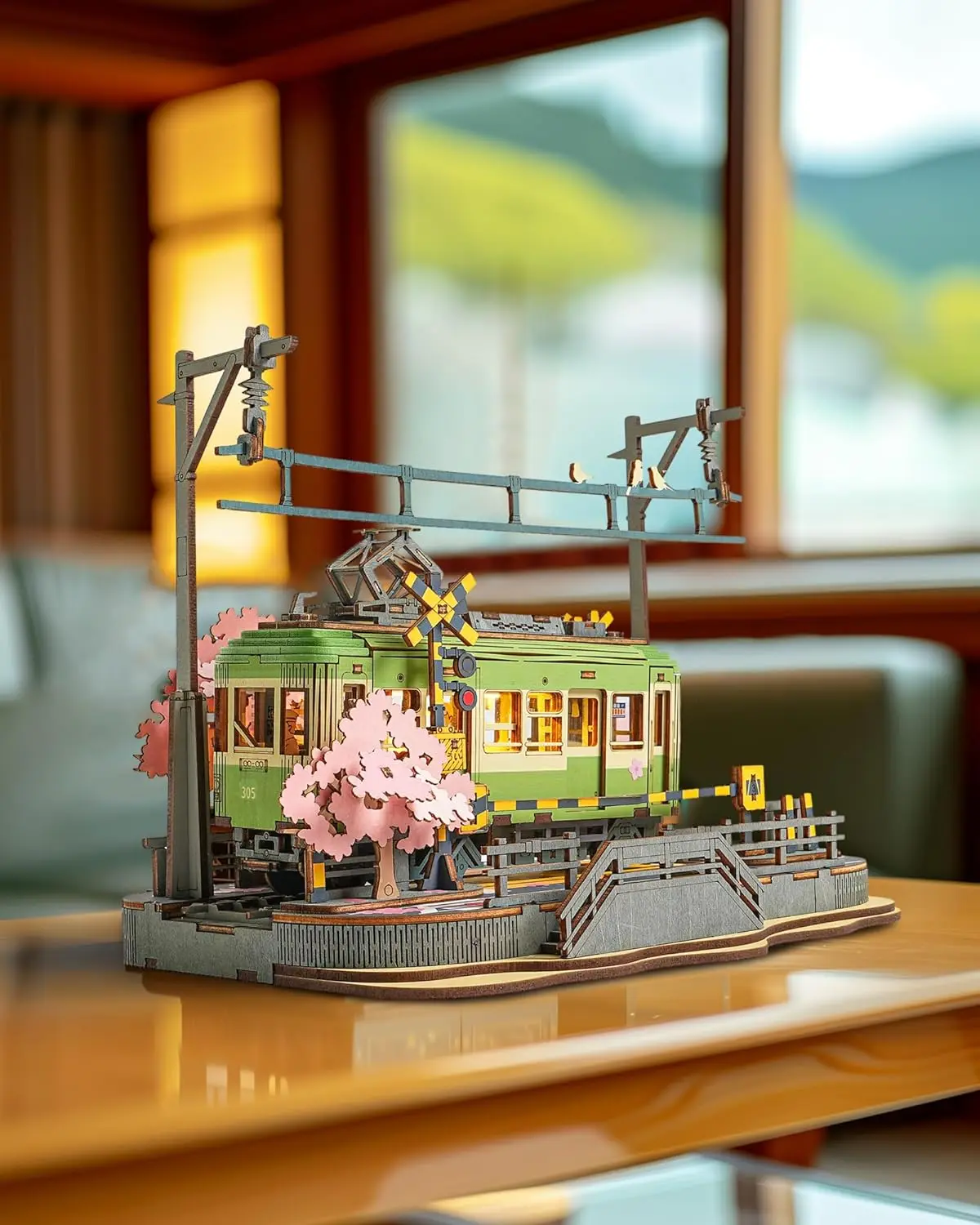 Robotime 3D Puzzles Sakura Journey DIY Model Building Toy with LED Light Wooden Craft Kits Tram Hobby for Kids Brain Teaser Gift 3