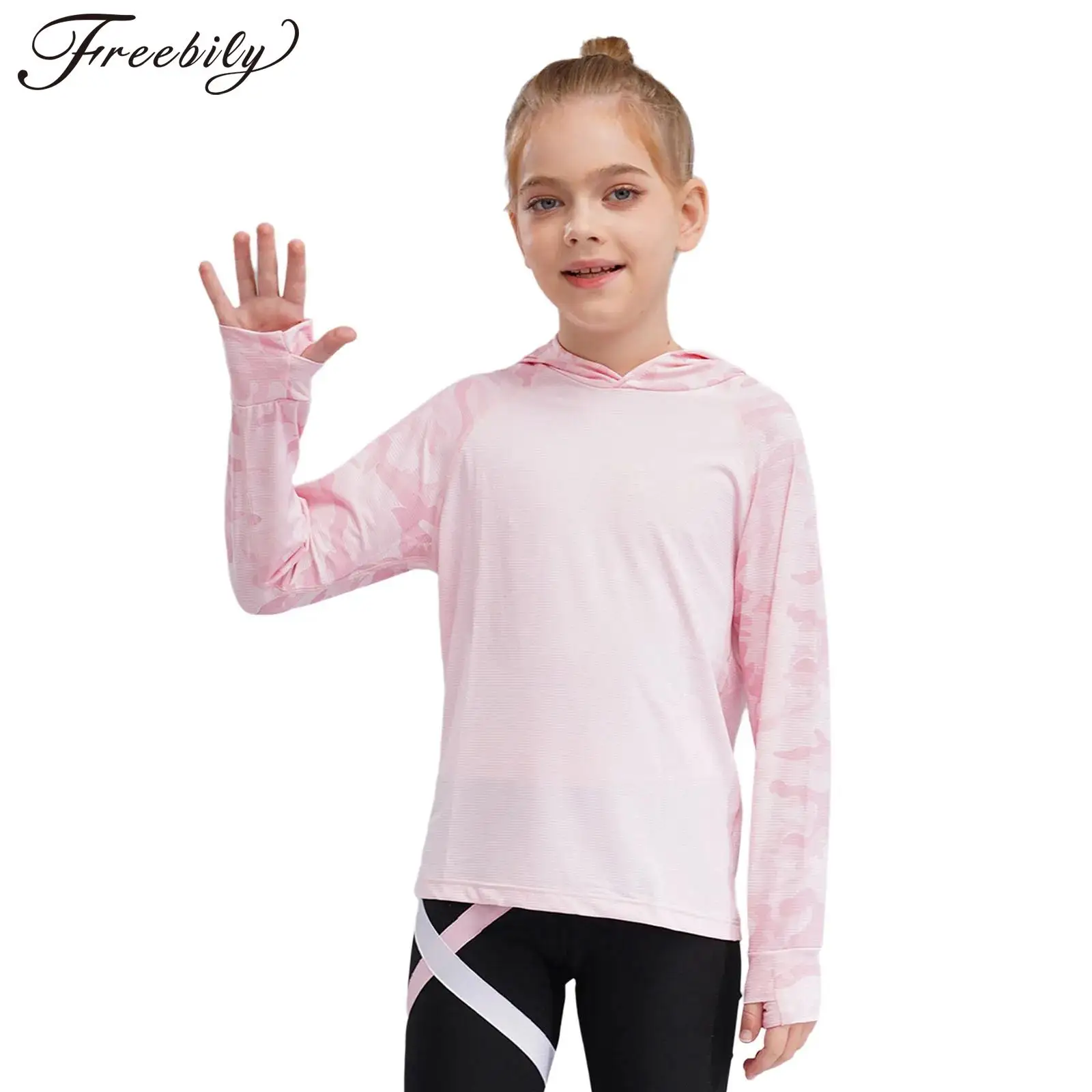 Kids Girls Camo Print Athletic Hoodie with Thumbholes Sweatshirt Quick Dry UPF 50+ Rash Guard Sun Shirt kids athletic hoodie