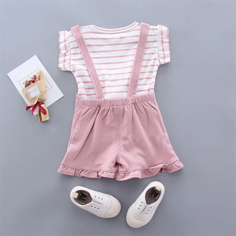 warm Baby Clothing Set Baby Girl Clothes 0-4Y Summer New Cotton Short Sleeve Bibs Girls Suit Striped T-Shirt + Bibs Baby Clothing 2 Piece Set Baby Clothing Set cheap