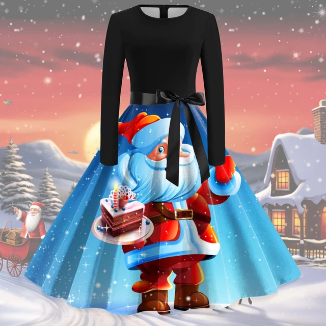 Winter Christmas Dresses Women 50S 60S Vintage Robe Big Swing