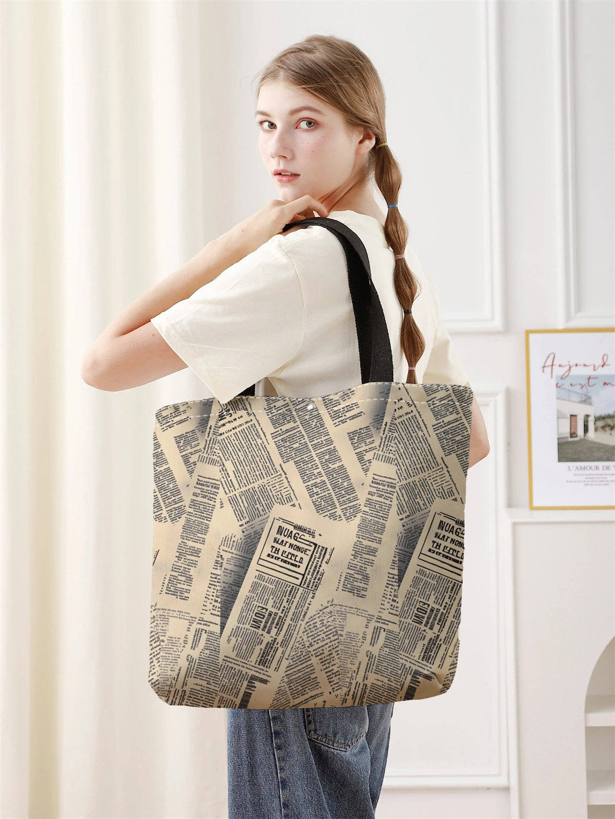 1pc，Printed pattern handbag, reusable fashionable handbag, multifunctional handbag, printed canvas shopping bag