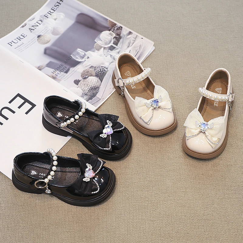 Sweet Children Princess Shoes Elegant Love Crown Bowknot Kids Leather Shoe Fashion Chic Girls Pearl Single Shoes Mary Janes
