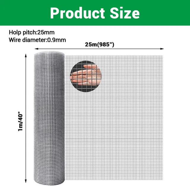 Wire Mesh Roll, 1 M X 25 M, 25mm Holes, 0.9mm, Aviary Fence Wire Netting Hardware Cloth, Wire Mesh Fencing for Garden