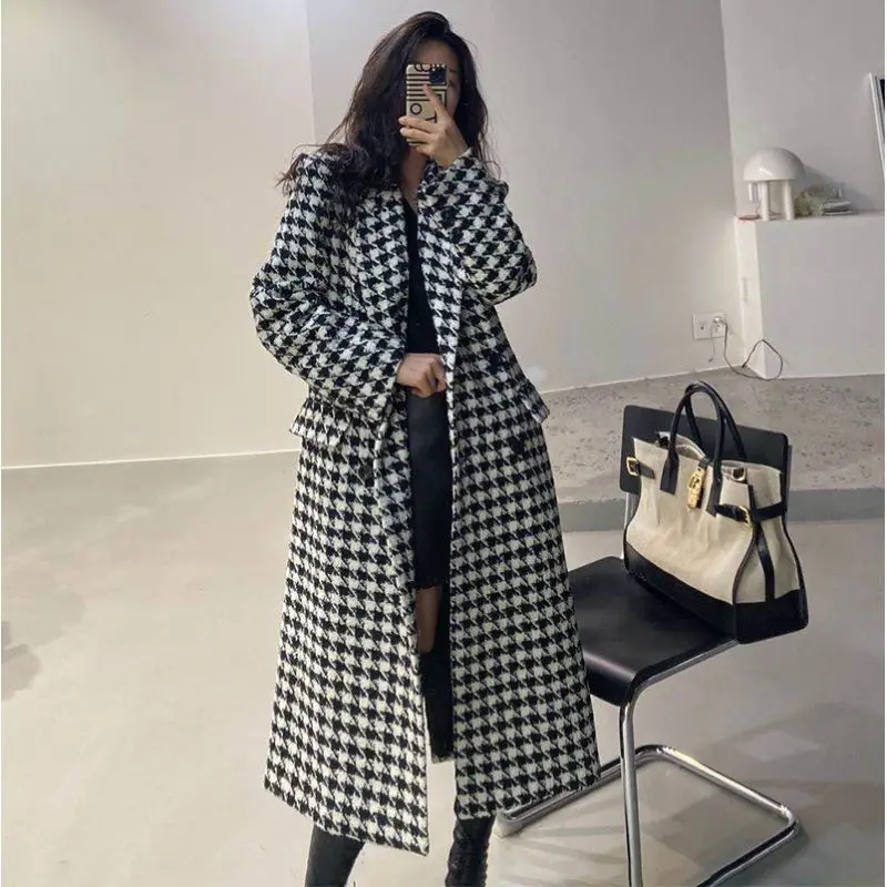 

European and American Style Autumn and Winter New Houndstooth Long Over-the-knee Ladies Woolen Coat Temperament Commuter Coat