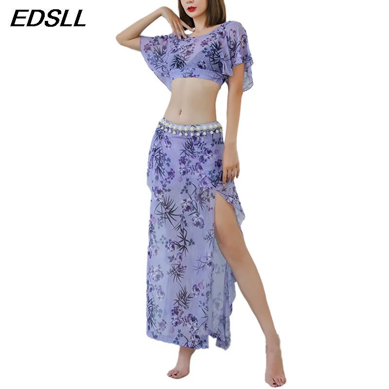 

Женский костюм для танца живота, откровенный тренировочный костюм для взрослых с открытой спиной и цветочным принтом