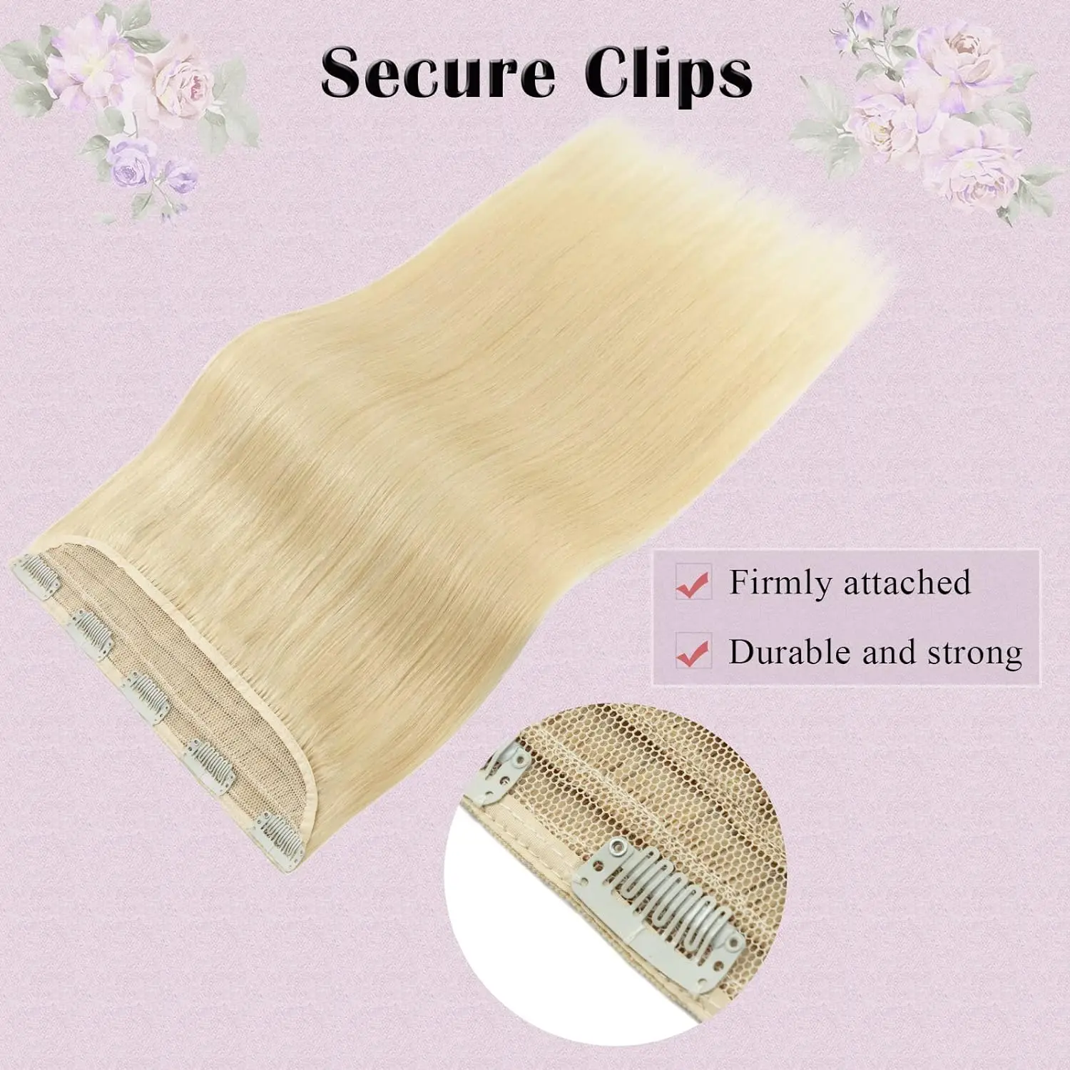 Straight Clip in Hair Extensions One Piece 5Clips 3/4 Full Head Shaped Weft Thicker Hair Blonde Mix Bleach Blonde #613 for Women