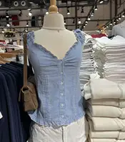 Blue Plaid Fungus T-shirt Women V Neck Single Breasted Puff Sleeve Slim Folds Tee Shirts Summer New Sweet Chic Casual Crop Tops