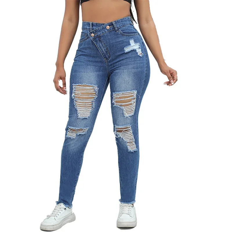 Women Slim Pencil Jeans Fashion Broken Holes Hollow Out High Waist Slant Button Denim Pants Female Casual Tight Stretch Trousers men s plus size trousers with holes in print patch casual fashion trend stretch tight skinny leg midrise jeans
