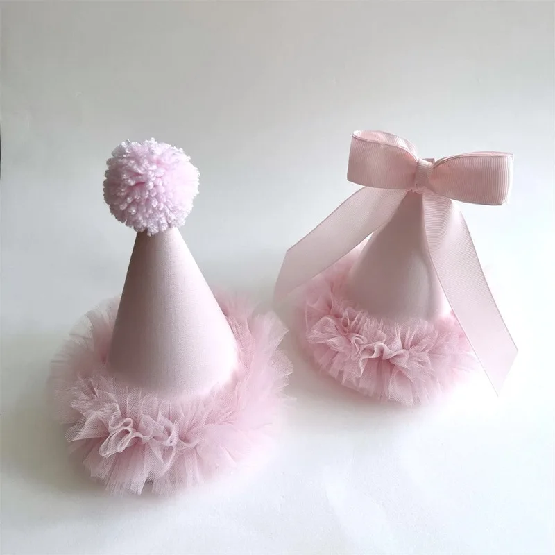 Pink Bow Lacet Cute Women's Birthday Party Hat Korean Style Decorative DIY Fabric Cake Topper Home Goods