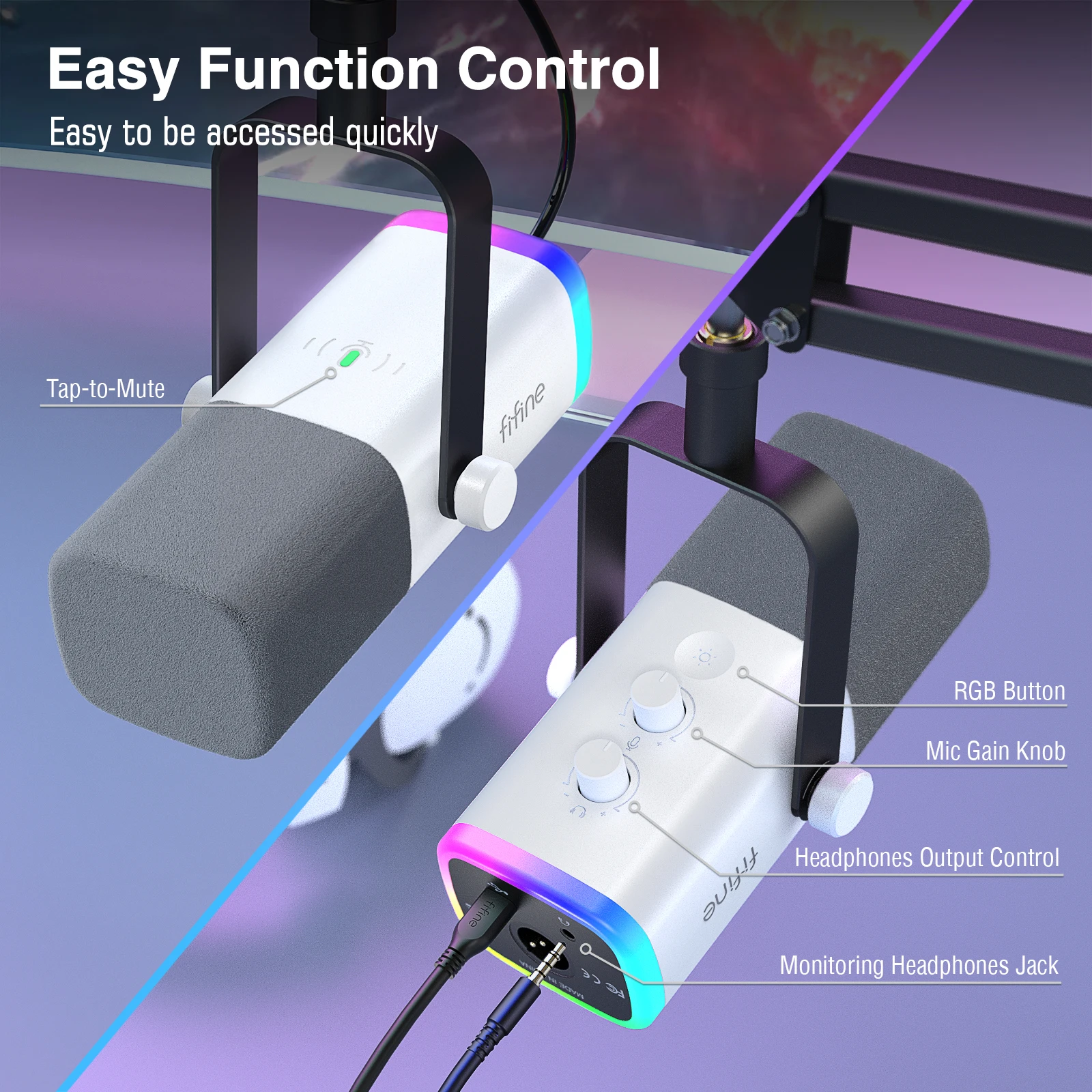 FIFINE USB/XLR Játék microph készlet vel headphone jack/rgb/boom kart, Erőtan mic állítsa számára PC PS5/4 Keverőpult ampligame white-am8tw